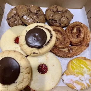 A Box Full of Yummy !  Chocolate Pecan Chewies, Texas Tornado cookies, Linzer cookies, Elephant Ear, Lemon Danish