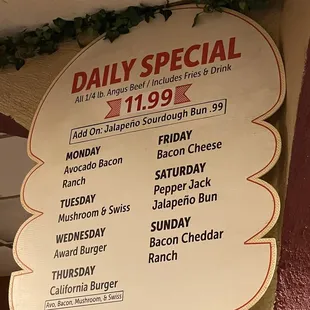 Daily Special menu January 2023