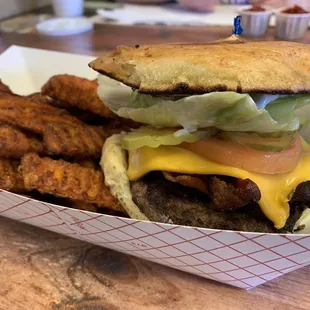 Avocado Bacon Cheese Burger with Sweet Potato Fries