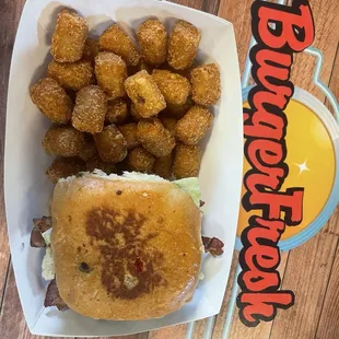 Avocado ranch burger and tater tots