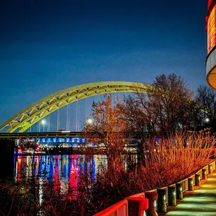 a view of the bridge at night