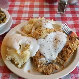 CFS, mashed potatoes w/ gravy &amp; green beans. $8.50. Sent back, dry potatoes &amp; the thin steak had too much breading.
