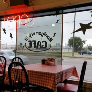 a view of the street through the window