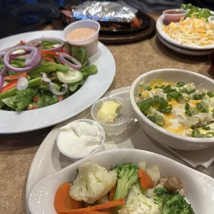 Garden Salad, loaded mashed potatoes, side of veggie