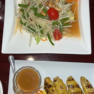 Chicken Satay was pink inside but best peanut sauce in the world. papaya salad on the fisher side for me, would not get again