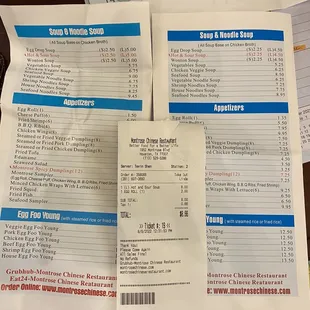 Montrose Chinese Restaurant menus and receipt all showing different pricing.