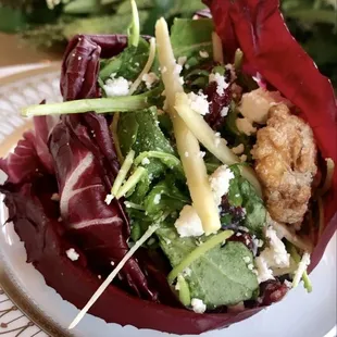 Custom arugula salad with feta, apples, candied walnuts on a radicchio lettuce leaf with a balsamic vinaigrette dressing