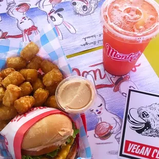 Single patty, with tots, and sparkling strawberry lemonade.