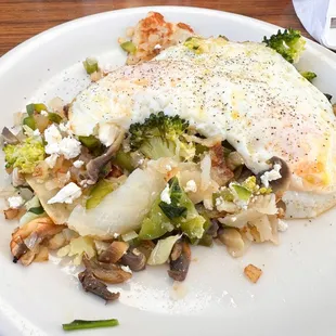 Veggie hash. Sub cheddar for feta. So delicious.