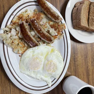 Eggs, sausage, potatoes and toast