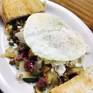 Corned beef skillet with added veggies and feta