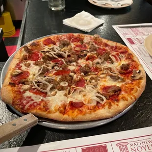 The Deluxe: pepperoni, sausage, meatball onion and shrooms.