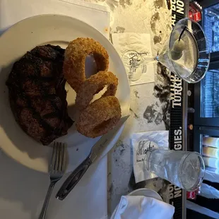 Delmonico steak and Onion rings