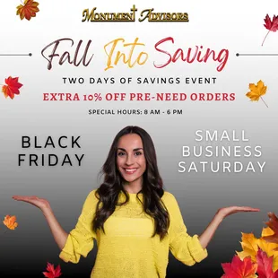 Biggest Sale of the Year! TWO DAYS ONLY! Black Friday &amp; Small Business Saturday, support local RECIEVE AN EXTRA 10% OFF ALL PRE-NEED ORDERS