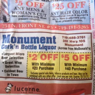 Coupon on the back of the Monument Safeway receipt- go grocery shopping first ! never buy beer at the GROCERY ! ( in Colorado )