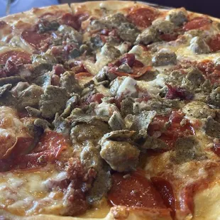 a pepperoni and sausage pizza