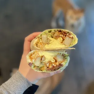 Bacon, Guacamole, Potato and egg breakfast burrito