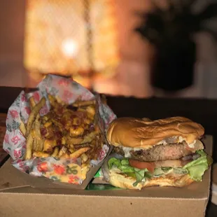 Burger and bacon cheese fry basket