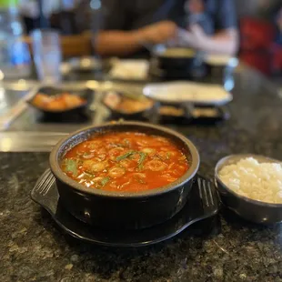 Spicy Pork Soup with Rice - made extra spicy, just ask when ordering.