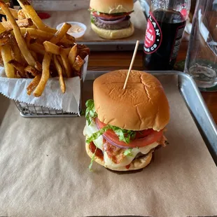 Hangover bacon cheeseburger, side of fries, Boylan cane cola