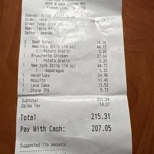 Dinner receipt