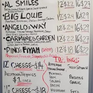a menu on a white board