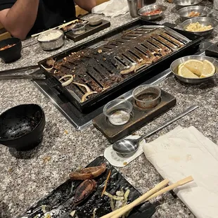 The aftermath of a delicious meal.Bulgogi beef , ribeye , short rib etc. spicy soup all tasty , delicious and enjoyable. Thanks Jino !