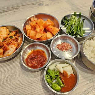 Three types of banchan, rice, and condiments for Soondae side. This is my favorite kimchi and radish! 12/29/2023
