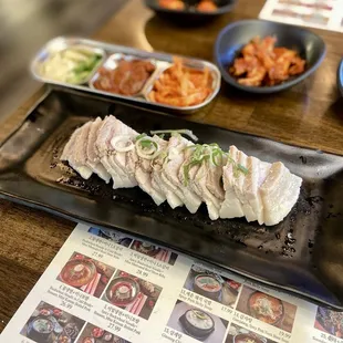 Bossam, and accompaniments (no cabbage leaves for wrapping, but we totally preferred it this way!!)