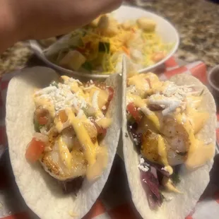 Shrimp tacos with side salad..(he eats a lot and barely finished this!)