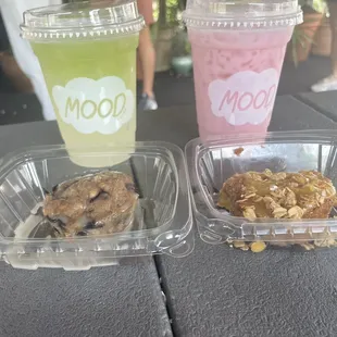 Mini peach cobbler. Beet latte. Matcha lemonade. Blueberry muffin