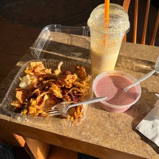 a table with food and drinks