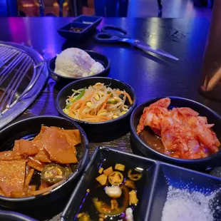 Fish cake bean sprouts kimchi potato salad &amp; dipping sauce.