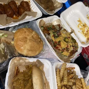 Mouthwatering!  Philly, Fries, Totchos, Chicken Sandwich, Caribbean Wings &amp; Fried Wings.