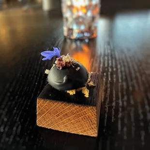 Black Truffle Bon Bon with walnut and port fluid gel