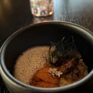 Dungeness Crab &amp; Hokkaido Sea Urchin with chawanmushi, black garlic, lemongrass, scallion