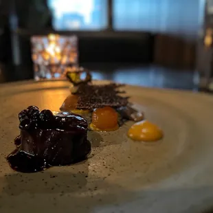 Venison with chestnut, blue oyster mushroom, squash, and huckleberry