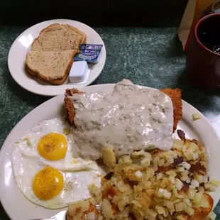Country fried steak -n- eggs breakfast, $8.95.