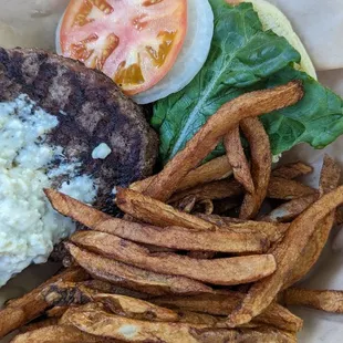 Moody Bleu Cheeseburger with fries