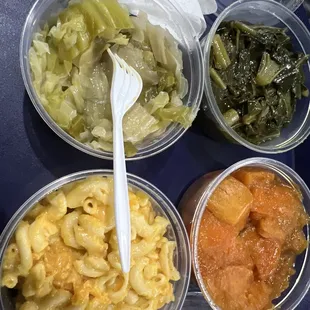 Macaroni &amp; Cheese, Cabbage, Greens &amp; Yams.