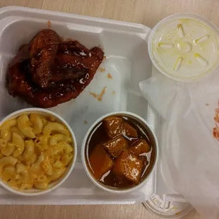 BBQ chicken lunch: white meat + 2 sides. $5.99 before 3pm.