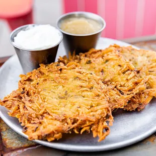 Latkes, served with applesauce and sour cream