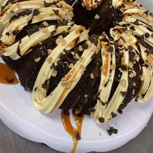 a chocolate cake with caramel drizzle