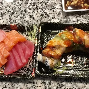 Dragon Roll (8 Piece) and sashimi. Very good!