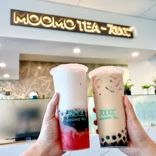 strawberry latte w/ boba &amp; lychee jelly &amp; boba milk tea