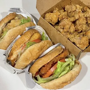 Left to right: Crispy Chicken Sandwich, Fried Fish Burger, Breaded Shrimp Sandwich, Popcorn Chicken