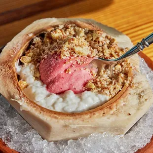 a bowl of ice cream and a spoon