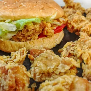 Popcorn chicken, fried chicken sandwich