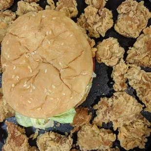 Popcorn chicken, fried chicken sandwich