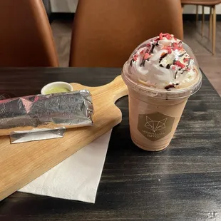 Chocolate covered strawberry blended coffee and a breakfast burrito!!